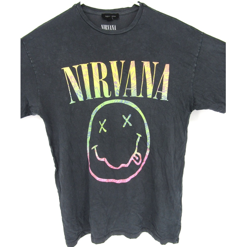 New Look Nirvana Graphic T-Shirt Womens XS Black Rainbow Smiley Face Band Tee